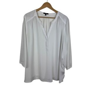 NYDJ Womens White Blouse Size 2X V-Neck 3/4‎ Sleeve Sheer Neutral Office Casual